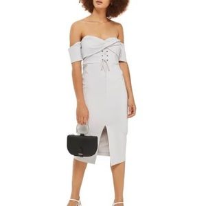 Topshop Twist Lace-Up Off the Shoulder Gray Dress Midi Bodycon